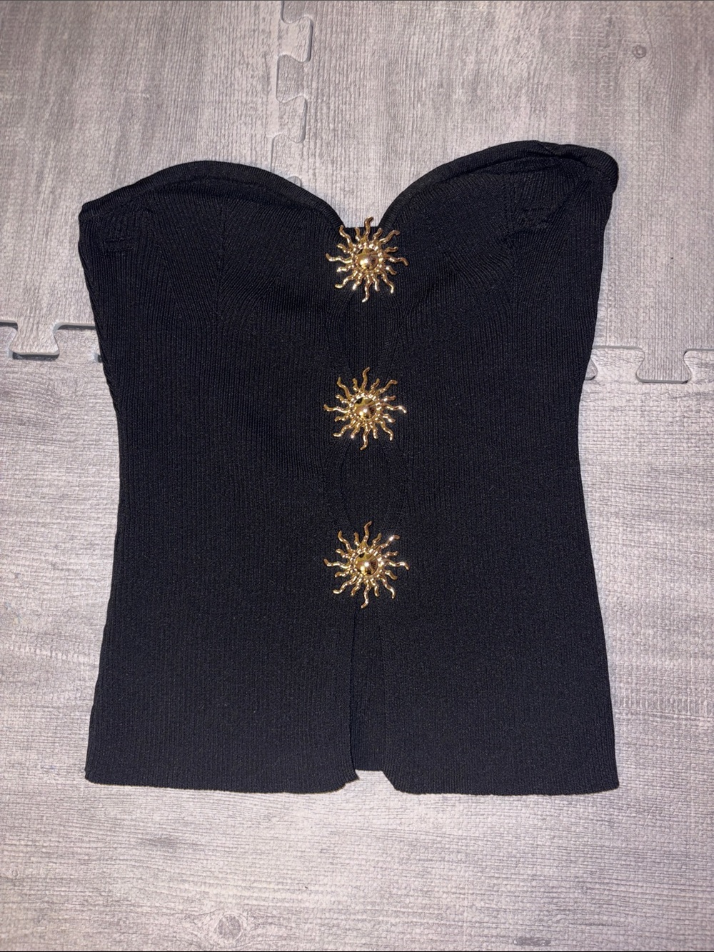 Strapless Black Dress with Decorative Gold Sun Buttons